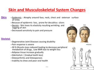 Skin and Musculoskeletal System Changes
Skin --Epidermis : Atrophy around face, neck, chest and extensor surface
of limbs
--Because of epidermis loss, prone for decubitus ulcers
--Dermis : Skin loses its elasticity resulting wrinkling and sagging of
sagging of skin
--Decreased sensitivity to pain and pressure
Skeletal
--Degenerative Joint Diseases causing disability
--Pain response is severe
--30 % Muscle mass reduced leading to decrease peripheral
metabolism of drugs, Low BMR due to weight loss
--Adipose tissue increase gradually
--Edentulism ( Gradual teeth loss)
--Osteoarthritis and Osteoporosis
--Inability to chew and poor oral health
tmc 28
 