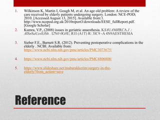 Reference
1. Wilkinson K, Martin I, Gough M, et al. An age old problem: A review of the
care received by elderly patients undergoing surgery. London: NCE-POD;
2010. [Accessed August 13, 2015]. Available from:1.
http://www.ncepod.org.uk/2010report3/downloads/EESE_fullReport.pdf.
[Google Scholar]
2. Kumra, V.P., (2008) issues in geriatric anaesthesia. KSAUAMRRCA J .:
AISnSaUesEtSh . I2N0 0G8E; R1I (A1T) R: 3IC9 -A 4N9AESTHESIA
3. Sieber F.E., Barnett S.R. (2012). Preventing postoperative complications in the
elderly . NCBI. Available from:
https://www.ncbi.nlm.nih.gov/pmc/articles/PMC3073675/
4. https://www.ncbi.nlm.nih.gov/pmc/articles/PMC4806808/
5. https://www.slideshare.net/mubarakkerim/surgery-in-the-
elderly?from_action=save
 
