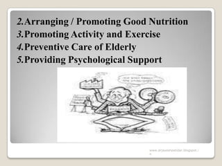 2.Arranging / Promoting Good Nutrition
3.Promoting Activity and Exercise
4.Preventive Care of Elderly
5.Providing Psychological Support
www.drjayeshpatidar.blogspot.i
n
 