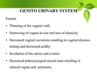 GENITO URINARY SYSTEM
Female
• Thinning of the vaginal wall,
• Narrowing of vagina in size and loss of elasticity
• Decreased vaginal secretions resulting in vaginal dryness,
itching and decreased acidity
• Involution of the uterus and ovaries
• Decreased pubococcygeal muscle tone resulting in
relaxed vagina and perineum,
 