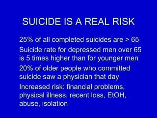 SSUUIICCIIDDEE IISS AA RREEAALL RRIISSKK 
2255%% ooff aallll ccoommpplleetteedd ssuuiicciiddeess aarree  6655 
SSuuiicciiddee rraattee ffoorr ddeepprreesssseedd mmeenn oovveerr 6655 
iiss 55 ttiimmeess hhiigghheerr tthhaann ffoorr yyoouunnggeerr mmeenn 
2200%% ooff oollddeerr ppeeooppllee wwhhoo ccoommmmiitttteedd 
ssuuiicciiddee ssaaww aa pphhyyssiicciiaann tthhaatt ddaayy 
IInnccrreeaasseedd rriisskk:: ffiinnaanncciiaall pprroobblleemmss,, 
pphhyyssiiccaall iillllnneessss,, rreecceenntt lloossss,, EEttOOHH,, 
aabbuussee,, iissoollaattiioonn 
 