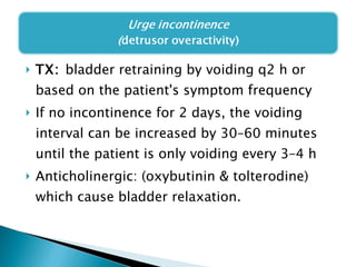 TX:  bladder retraining by voiding q2 h or based on the patient's symptom frequency If no incontinence for 2 days, the voiding interval can be increased by 30–60 minutes until the patient is only voiding every 3–4 h Anticholinergic: (oxybutinin & tolterodine) which cause bladder relaxation. 