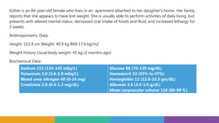 Esther is an 84-year-old female who lives in an apartment attached to her daughter’s home. Her family
reports that she appears to have lost weight. She is usually able to perform activities of daily living, but
presents with altered mental status, decreased oral intake of foods and fluid, and increased lethargy for
2 weeks.
Anthropometric Data:
Height: 152.4 cm Weight: 40.9 kg BMI 17.6 kg/m2
Weight history Usual body weight: 45 kg (2 months ago)
Biochemical Data:
Sodium 152 (135-145 mEq/L)
Potassium 3.0 (3.6-5.0 mEq/L)
Blood urea nitrogen 40 (6-24 mg/
Creatinine 2.8 (0.4-1.3 mg/dL)
Glucose 88 (70-139 mg/dL)
Hematocrit 33 (35% to 47%)
Hemoglobin 12 (12.0-15.5 gm/dL)
Albumin 3.4 (3.5-5.0 g/dL)
Mean corpuscular volume 118 (80-99 fL)
 