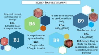 WATER SOLUBLE VITAMINS
Helps cell convert
carbohydrates to
energy
RDA:
1.2mg for males
1.1mg for females
.
Its acts as co-enzyme
to produce cells in
body.
RDA:
400µg (M&F)
It keeps immune
system healthy.
RDA:
1.7mg in males
1.5mg in females.
Metabolism of cell
RDA:
2.4µg (M&F)
Deficiency: Fiery or
Beefy red tongue,
Candidiasis, Aphthous
Stomatitis, Intra-oral
Burning.Geriatric Nutrition 19
 