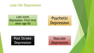 Late life Depression
Late onset
Depression- First time
after age 50
Vascular
Depression
Post Stroke
Depression
Psychotic
Depression
 