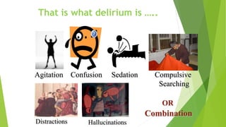 That is what delirium is …..
Agitation Confusion Sedation Compulsive
Searching
OR
Combination
HallucinationsDistractions
 