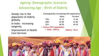 Ageing: Demographic Scenario
Advancing Age : Birth of Elderly
o Steady rise in the
population of elderly
globally
o In India - increasing
longevity
o Improvement in Health
Care Services
o Consequently increasing life expectancy
Males Females
1951 32.45 31.66
2001 62.80 63.80
2011 68.90 69.50
o Census 2011 population:
o India- 1220 m; Elderly - 92 m
 
