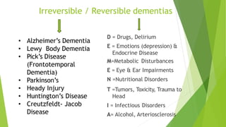 D = Drugs, Delirium
E = Emotions (depression) &
Endocrine Disease
M=Metabolic Disturbances
E = Eye & Ear Impairments
N =Nutritional Disorders
T =Tumors, Toxicity, Trauma to
Head
I = Infectious Disorders
A= Alcohol, Arteriosclerosis
Irreversible / Reversible dementias
• Alzheimer’s Dementia
• Lewy Body Dementia
• Pick’s Disease
(Frontotemporal
Dementia)
• Parkinson’s
• Heady Injury
• Huntington’s Disease
• Creutzfeldt- Jacob
Disease
 