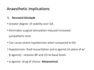 Anaesthetic implications
1. Neuraxial blockade
• Greater degree of stability over GA .
• Eliminates surgical stimulation induced increased
sympathetic tone
• Can cause severe hypotension when compared to GA
• Hypotension- fluid resuscitation and α agonist (in place of α/
β agonist) - restores BP and CO to basal levels
• α agonist- drug of choice- Metaraminol.
 