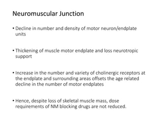 Neuromuscular Junction
• Decline in number and density of motor neuron/endplate
units
• Thickening of muscle motor endplate and loss neurotropic
support
• Increase in the number and variety of cholinergic receptors at
the endplate and surrounding areas offsets the age related
decline in the number of motor endplates
• Hence, despite loss of skeletal muscle mass, dose
requirements of NM blocking drugs are not reduced.
 