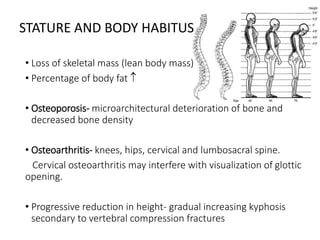 STATURE AND BODY HABITUS
• Loss of skeletal mass (lean body mass)
• Percentage of body fat 
• Osteoporosis- microarchitectural deterioration of bone and
decreased bone density
• Osteoarthritis- knees, hips, cervical and lumbosacral spine.
Cervical osteoarthritis may interfere with visualization of glottic
opening.
• Progressive reduction in height- gradual increasing kyphosis
secondary to vertebral compression fractures
 