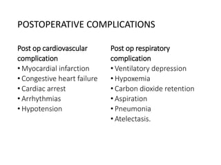 POSTOPERATIVE COMPLICATIONS
Post op cardiovascular
complication
• Myocardial infarction
• Congestive heart failure
• Cardiac arrest
• Arrhythmias
• Hypotension
Post op respiratory
complication
• Ventilatory depression
• Hypoxemia
• Carbon dioxide retention
• Aspiration
• Pneumonia
• Atelectasis.
 