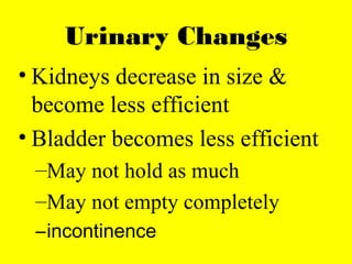 Urinary Changes
• Kidneys decrease in size &
become less efficient
• Bladder becomes less efficient
–May not hold as much
–May not empty completely
–incontinence
 