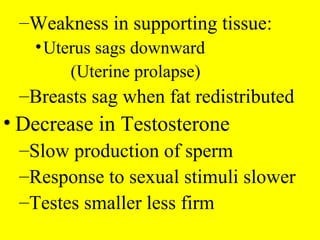 –Weakness in supporting tissue:
•Uterus sags downward
(Uterine prolapse)
–Breasts sag when fat redistributed
• Decrease in Testosterone
–Slow production of sperm
–Response to sexual stimuli slower
–Testes smaller less firm
 