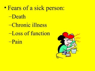 • Fears of a sick person:
–Death
–Chronic illness
–Loss of function
–Pain
 