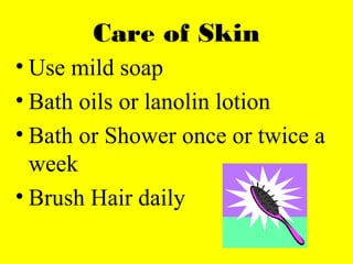Care of Skin
• Use mild soap
• Bath oils or lanolin lotion
• Bath or Shower once or twice a
week
• Brush Hair daily
 
