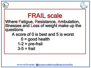 ผศ.ดร.กรองได อุณหสูต ชมรมพยาบาลศัลยกรรมอุบัติเหตุแห่งประเทศไทย
FRAIL scale
Where Fatigue, Resistance, Ambulation,
Illness...