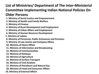 List of Ministries/ Department of The Inter-Ministerial
Committee Implementing Indian National Policies On
Older Persons
1. Ministry of Social Justice and Empowerment
2. Ministry of Health and Family Welfare
3. Ministry of Finance
4. Ministry of Rural Development and Employment
5. Ministry of Urban Affairs and Employment
6. Ministry of Human Resource Development
7. Ministry of Labour
8. Ministry of Personnel, Public Grievances and Pensions
9. Ministry of Law Justice and Company Affairs
10. Ministry of Home Affairs
11. Ministry of Information and Broadcasting
12. Ministry of Communication
13. Ministry of Railways
14. Ministry of Agriculture
15. Ministry of Surface Transport
16. Ministry of Civil Aviation
17. Ministry of Petroleum and Natural Gas
18. Ministry of Food and Consumer Affairs
19. Ministry of External Affairs
 