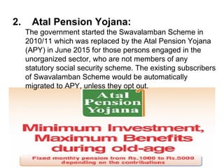 2. Atal Pension Yojana:
The government started the Swavalamban Scheme in
2010/11 which was replaced by the Atal Pension Yojana
(APY) in June 2015 for those persons engaged in the
unorganized sector, who are not members of any
statutory social security scheme. The existing subscribers
of Swavalamban Scheme would be automatically
migrated to APY, unless they opt out.
 