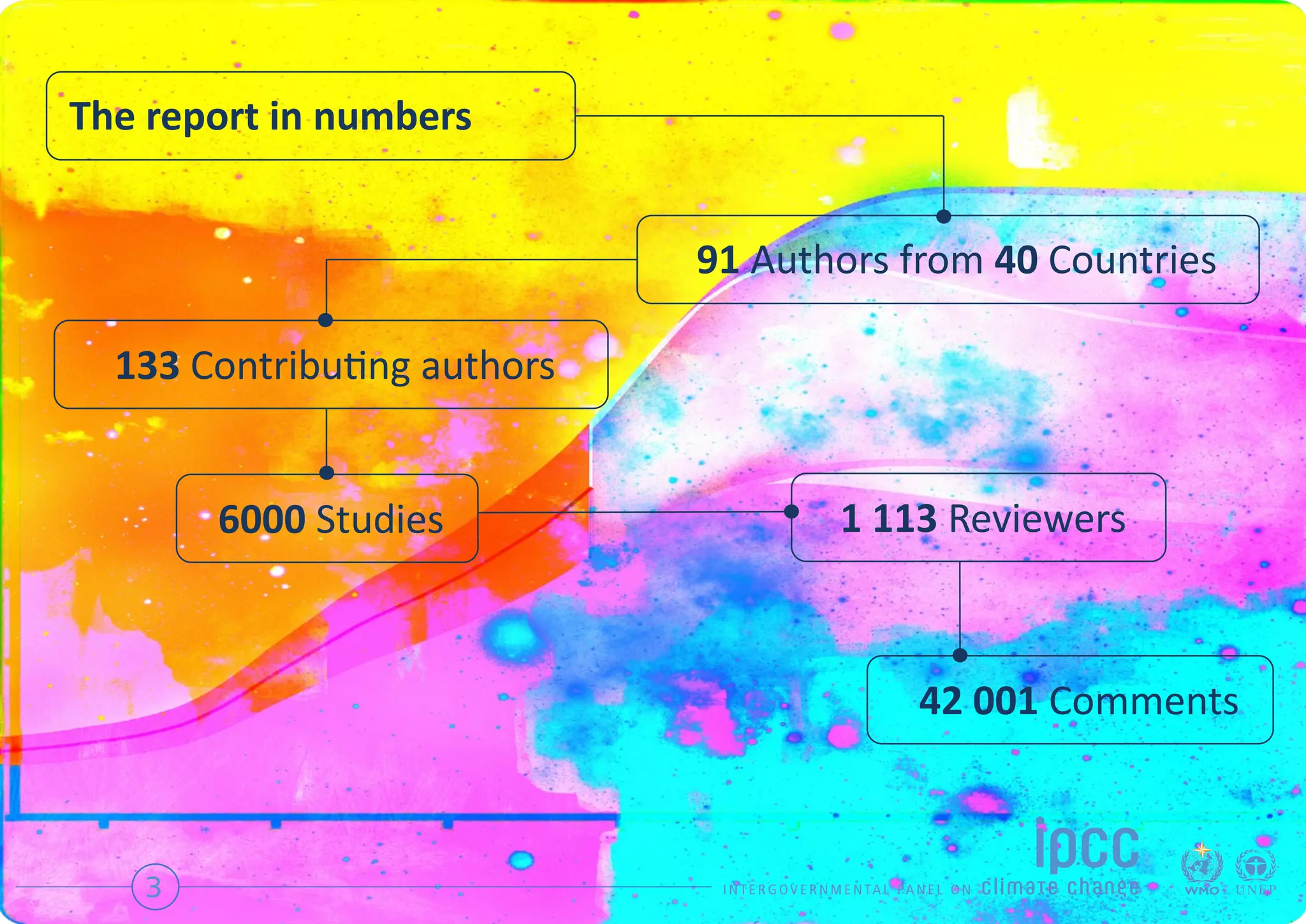 3
The report in numbers
91 Authors from 40 Countries
133 Contributing authors
6000 Studies 1 113 Reviewers
42 001 Comments
 