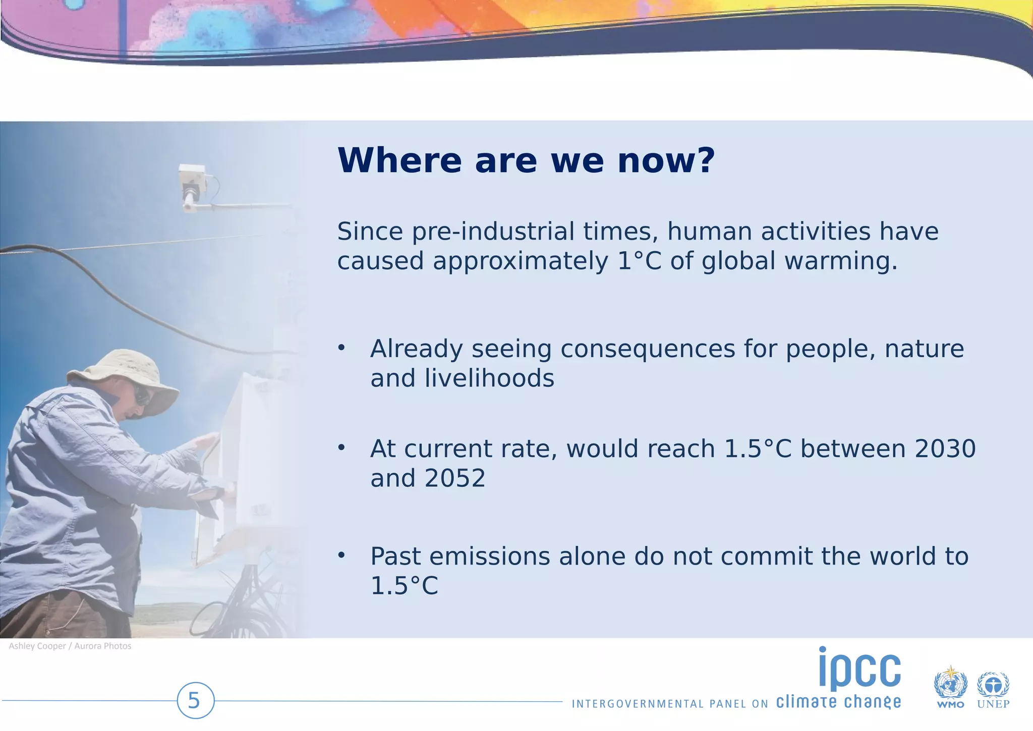 Where are we now?
Since pre-industrial times, human activities have
caused approximately 1°C of global warming.
• Already seeing consequences for people, nature
and livelihoods
• At current rate, would reach 1.5°C between 2030
and 2052
• Past emissions alone do not commit the world to
1.5°C
5
Ashley Cooper / Aurora Photos
 