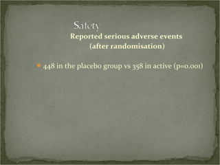 Reported serious adverse events
              (after randomisation)

 448 in the placebo group vs 358 in active (p=0.001)
 