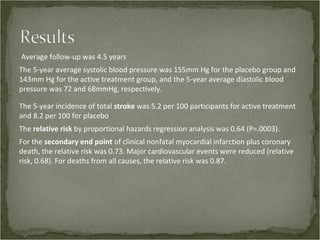 Average follow-up was 4.5 years
The 5-year average systolic blood pressure was 155mm Hg for the placebo group and
143mm Hg for the active treatment group, and the 5-year average diastolic blood
pressure was 72 and 68mmHg, respectively.

The 5-year incidence of total stroke was 5.2 per 100 participants for active treatment
and 8.2 per 100 for placebo
The relative risk by proportional hazards regression analysis was 0.64 (P=.0003).
For the secondary end point of clinical nonfatal myocardial infarction plus coronary
death, the relative risk was 0.73. Major cardiovascular events were reduced (relative
risk, 0.68). For deaths from all causes, the relative risk was 0.87.
 