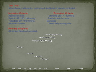 The Trial:
International, multi-centre, randomised double-blind placebo controlled

Inclusion Criteria:                            Exclusion Criteria:
Aged 80 or more,                          Standing SBP < 140mmHg
Systolic BP; 160 -199mmHg                Stroke in last 6 months
+ diastolic BP; <110 mmHg,              Dementia
Informed consent                          Need daily nursing care

Primary Endpoint:
All strokes (fatal and non-fatal)
 