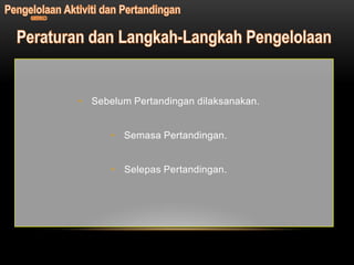 • Sebelum Pertandingan dilaksanakan.


      • Semasa Pertandingan.


      • Selepas Pertandingan.
 
