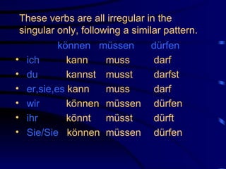These verbs are all irregular in the singular only, following a similar pattern.    können  müssen dürfen ich     kann muss  darf  du     kannst musst  darfst er,sie,es  kann muss  darf  wir     können müssen  dürfen  ihr     könnt müsst  dürft Sie/Sie   können müssen  dürfen 