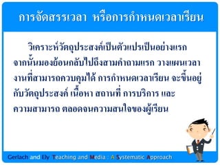 กำรจัดสรรเวลำ หรือกำรกำหนดเวลำเรียน
    วิเครำะห์ วตถุประสงค์ เป็ นตัวแปรเป็ นอย่ ำงแรก
               ั
จำกนั้นมองย้ อนกลับไปถึงสำมคำถำมแรก วำงแผนเวลำ
งำนทีสำมำรถควบคุมได้ กำรกำหนดเวลำเรียน จะขึนอยู่
      ่                                            ้
กับวัตถุประสงค์ เนือหำ สถำนที่ กำรบริกำร และ
                   ้
ควำมสำมำรถ ตลอดจนควำมสนใจของผู้เรียน
 