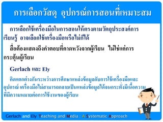กำรเลือกวัสดุ อุปกรณ์ กำรสอนทีเ่ หมำะสม
    กำรเลือกใช้ เครื่องมือในกำรสอนให้ ตรงตำมวัตถุประสงค์ กำร
เรียนรู้ อำจเลือกใช้ เครื่องมือหรือไม่ กได้
                                        ็
    สื่ อต้ องแสดงถึงคำตอบทีคำดหวังจำกผู้เรียน ไม่ ใช่ แค่ กำร
                               ่
กระตุ้นผู้เรียน
    Gerlach และ Ely
    คิดแตกต่ ำงกันระหว่ ำงกำรศึกษำแหล่งข้ อมูลกับกำรใช้ เครื่องมือและ
อุปกรณ์ เครื่องมือไม่ สำมำรถกลำยเป็ นแหล่งข้ อมูลได้ จนกระทังมีเนือควำม
                                                              ่ ้
ทีมีควำมหมำยต่ อกำรใช้ งำนของผู้เรียน
  ่
 