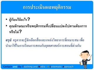 กำรประเมินผลพฤติกรรม
• ผู้เรียนได้ อะไร?
• คุณลักษณะหรือพฤติกรรมที่เปลี่ยนแปลงไปตามต้ องการ
  หรือไม่ ?
สรุป ครู ควรจะรู ้จกเลือกสื่ อและแหล่งวิทยาการที่เหมาะสม เพื่อ
                   ั
นามาใช้ในการเรี ยนการสอนกับยุทธศาสตร์การสอนที่ต่างกัน
 
