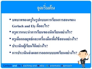 จุดเริ่มต้ น
• บทบำทของครู ในรู ปแบบกำรเรียนกำรสอนของ
  Gerlach and Ely คืออะไร?
• ครู ควรแนะนำกำรเรียนของนักเรียนอย่ ำงไร?
• ครู เลือกกลยุทธ์ และเครื่องมือเพือใช้ สอนอย่ ำงไร?
                                   ่
• ประเมินผู้เรียนได้ อย่ ำงไร?
• กำรประเมินส่ งผลกำรออกแบบบทเรียนอย่ ำงไร?
 