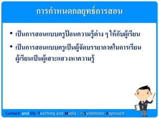 กำรกำหนดกลยุทธ์ กำรสอน
• เป็ นกำรสอนแบบครู ปอนควำมรู้ ต่ำง ๆ ให้ กบผู้เรียน
                         ้                 ั
• เป็ นกำรสอนแบบครู เป็ นผู้จดบรรยำกำศในกำรเรียน
                             ั
  ผู้เรียนเป็ นผู้เสำะแสวงหำควำมรู้
 