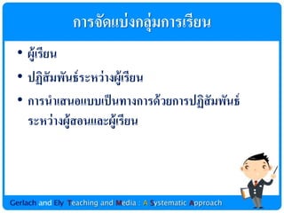 กำรจัดแบ่ งกลุ่มกำรเรียน
• ผู้เรียน
• ปฏิสัมพันธ์ ระหว่ ำงผู้เรียน
• กำรȨ๶สนอแบบเป็ นทำงกำรด้ วยกำรปฏิสัมพันธ์
  ระหว่ ำงผู้สอนและผู้เรียน
 