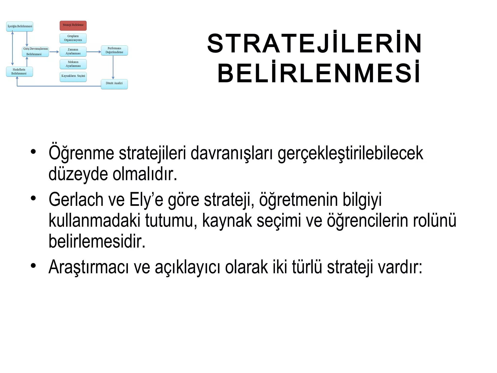 STRATEJİLERİN
BELİRLENMESİ
• Öğrenme stratejileri davranışları gerçekleştirilebilecek
düzeyde olmalıdır.
• Gerlach ve Ely’e göre strateji, öğretmenin bilgiyi
kullanmadaki tutumu, kaynak seçimi ve öğrencilerin rolünü
belirlemesidir.
• Araştırmacı ve açıklayıcı olarak iki türlü strateji vardır:
 