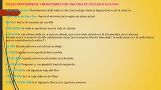 TECLAS PARA MOVERSE Y DESPLAZARSE POR UNA HOJA DE CÁLCULO O UN LIBRO
Teclas de dirección Moverse una celda hacia arriba, hacia abajo, hacia la izquierda o hacia la derecha
CTRL+ tecla de dirección Ir hasta el extremo de la región de datos actual
INICIO Ir hasta el comienzo de una fila
CTRL+INICIO Ir hasta el comienzo de una hoja de cálculo
CTRL+FIN Ir a la última celda de la hoja de cálculo, que es la celda ubicada en la intersección de la columna
situada más a la derecha y la fila ubicada más abajo (en la esquina inferior derecha) o la celda opuesta a la celda inicial,
que es normalmente la celda A1
AV PÁG Desplazarse una pantalla hacia abajo
RE PÁG Desplazarse una pantalla hacia arriba
ALT+AV PÁG Desplazarse una pantalla hacia la derecha
ALT+RE PÁG Desplazarse una pantalla hacia la izquierda
CTRL+AV PÁG Ir a la siguiente hoja del libro
CTRL+RE PÁG Ir a la hoja anterior del libro
CTRL+F6 o CTRL+TAB Ir al siguiente libro o a la siguiente ventana
 