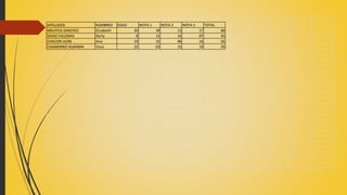 APELLIDOS NOMBRES EDAD NOTA 1 NOTA 2 NOTA 3 TOTAL
MALPICA SANCHEZ Elizabeth 20 18 13 17 68
GAGO VILLODAS Gerly 8 12 16 07 43
CHACON LEON Ana 19 15 06 16 56
CHAMORRO HUAMAN Yossi 22 03 15 19 59
 