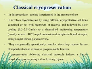 Classical cryopreservation
• In this procedure, cooling is performed in the presence of ice.
• It involves cryoprotection by using different cryoprotective solutions
combined or not with pregrowth of material and followed by slow
cooling (0.5–2.0°C/min) to a determined prefreezing temperature
(usually around −40°C),rapid immersion of samples in liquid nitrogen,
storage, rapid thawing and recovery.
• They are generally operationally complex, since they require the use
of sophisticated and expensive programmable freezers.
• Cryopreservation following classical protocols induces a freeze-
dehydration process using a slow freezing regime.
17DHIRAJ POWAR
 