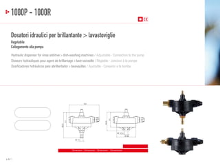 1000P - 1000R
Dosatori idraulici per brillantante > lavastoviglie
Regolabile
Collegamento alla pompa
Hydraulic dispenser for rinse additive > dish-washing machines / Adjustable - Connection to the pump
Doseurs hydrauliques pour agent de brillantage > lave-vaisselle / Réglable - Jonction à la pompe
Dosificadores hidráulicos para abrillantador > lavavajillas / Ajustable - Conexión a la bomba

90.5

63.5

51

51

107

M 12 x1
Ø 66
Ø 11

Dimensioni - Dimensions - Dimensions - Dimensiones

p. 6 / 7

 