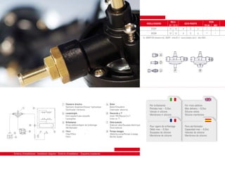 2000P

MOLLA
Ø 1 Ø 1.2
10 12

A

D

U

2000R

10

A

D

U

MODELLO DOSATORE

12

SFERA
TEFLON
INOX
T
I

USCITA PRODOTTO

T

Es. 2000P12DI dosatore mod. 2000P - molla Ø1.2 - uscita prodotto tipo D - sfera INOX

A
D
U

1

Dosatore idraulico
Hydraulic dispenser/Doseur hydraulique
Dosificador hidráulico

5

Boiler
Boiler/Chaudière
Calentador eléctrico

2

Lavastoviglie
Dish washer/Lave-vaisselle
Lavavajillas

6

Raccordo a ‘T’
Union TEE/Raccord à T
Unión en ‘T’

3

Brillantante
Rinse additive/Agent de brillantage
Abrillantador

7

Elettrovalvola
Solenoid valve/Soupape électrique
Electroválvula

Filtro
Filter/Filtre
Filtro

8

2

1

6

3
4

8

7

5

4

Schema d’installazione - Installation diagram - Schéma d’installation - Esquema instalación

Pompa lavaggio
Washing pump/Pompe à lavage
Bomba lavado

P

R

Per brillantante
Portata max ~ 6,6cc
Valvole in silicone
Membrana in silicone

For rinse additive
Max delivery ~ 6,6cc
Silicone valves
Silicone membrane

Pour agent de brillantage
Débit max ~ 6,6cc
Soupapes de silicone
Membrane de silicone

Para abrillantador
Capacidad max ~ 6,6cc
Vàlvulas de silicona
Membrana de silicona

I

 