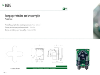 G80B
Pompa peristaltica per lavastoviglie
Portata fissa
Peristaltic pump for dish-washing machines / Fixed delivery
Pompe péristaltique pour lave-vaisselle / Débit fixé
Bomba peristáltica para lavavajillas / Capacidad fija

30

88

60

67.2

230V 50/60Hz
p. 16 / 17

Dimensioni - Dimensions - Dimensions - Dimensiones

28

 
