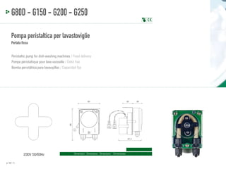 G80D - G150 - G200 - G250
Pompa peristaltica per lavastoviglie
Portata fissa
Peristaltic pump for dish-washing machines / Fixed delivery
Pompe péristaltique pour lave-vaisselle / Débit fixé
Bomba peristáltica para lavavajillas / Capacidad fija

30

88

60

67.2

230V 50/60Hz
p. 18 / 19

Dimensioni - Dimensions - Dimensions - Dimensiones

28

 