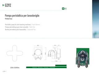 G292
Pompa peristaltica per lavastoviglie
Portata fissa
Peristaltic pump for dish-washing machines / Fixed delivery
Pompe péristaltique pour lave-vaisselle / Débit fixé
Bomba peristáltica para lavavajillas / Capacidad fija

35.5

100.6

66.2

71.65

230V 50/60Hz
p. 20 / 21

Dimensioni - Dimensions - Dimensions - Dimensiones

27

 