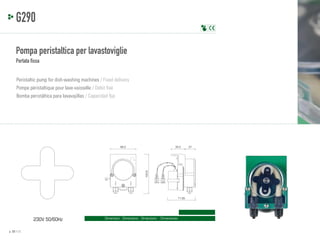 G290
Pompa peristaltica per lavastoviglie
Portata fissa
Peristaltic pump for dish-washing machines / Fixed delivery
Pompe péristaltique pour lave-vaisselle / Débit fixé
Bomba peristáltica para lavavajillas / Capacidad fija

35.5

100.6

66.2

71.65

230V 50/60Hz
p. 22 / 23

Dimensioni - Dimensions - Dimensions - Dimensiones

27

 