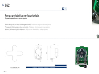 G42
Pompa peristaltica per lavastoviglie
Regolazione elettronica tempo-pausa

Peristaltic pump for dish-washing machines / Electronic regulation time-pause
Pompe péristaltique pour lave-vaisselle / Réglage électronique temps-pause
Bomba peristáltica para lavajillas / Regulación electrónica tiempo-pausa

70

124

78

230V 50/60Hz
p. 34 / 35

Dimensioni - Dimensions - Dimensions - Dimensiones

 