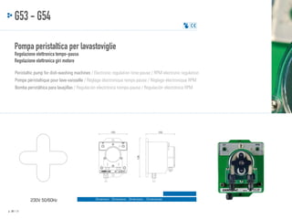 G53 - G54
Pompa peristaltica per lavastoviglie
Regolazione elettronica tempo-pausa
Regolazione elettronica giri motore

Peristaltic pump for dish-washing machines / Electronic regulation time-pause / RPM electronic regulation
Pompe péristaltique pour lave-vaisselle / Réglage électronique temps-pause / Réglage électronique RPM
Bomba peristáltica para lavajillas / Regulación electrónica tiempo-pausa / Regulación electrónica RPM

100

INT

102

136

RPM

MOD.

230V 50/60Hz
p. 38 / 39

Dimensioni - Dimensions - Dimensions - Dimensiones

 