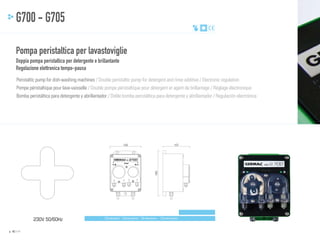 G700 - G705
Pompa peristaltica per lavastoviglie
Doppia pompa peristaltica per detergente e brillantante
Regolazione elettronica tempo-pausa
Peristaltic pump for dish-washing machines / Double peristaltic pump for detergent and rinse additive / Electronic regulation
Pompe péristaltique pour lave-vaisselle / Double pompe péristaltique pour détergent et agent de brillantage / Réglage électronique
Bomba peristáltica para detergente y abrillantador / Doble bomba peristáltica para detergente y abrillantador / Regulación electrónica

125

107

MOD.

PATENT

R

180

D

230V 50/60Hz
p. 40 / 41

Dimensioni - Dimensions - Dimensions - Dimensiones

 