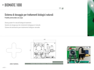 PA
TEN

TED

BIOMATIC 1000
Sistema di dosaggio per trattamenti biologici naturali
Prodotto premiscelato con acqua
Dosing system for natural biological treatments
Systeme de dosage pour les traitements biologiques et naturels
Sistema de dosificación para tratamientos biológicos naturales

230

0,5

3

0

PUMP TIME

24

170

CYCLE TIME

MOD.

230V 50/60Hz
p. 50 / 51

Dimensioni - Dimensions - Dimensions - Dimensiones

 
